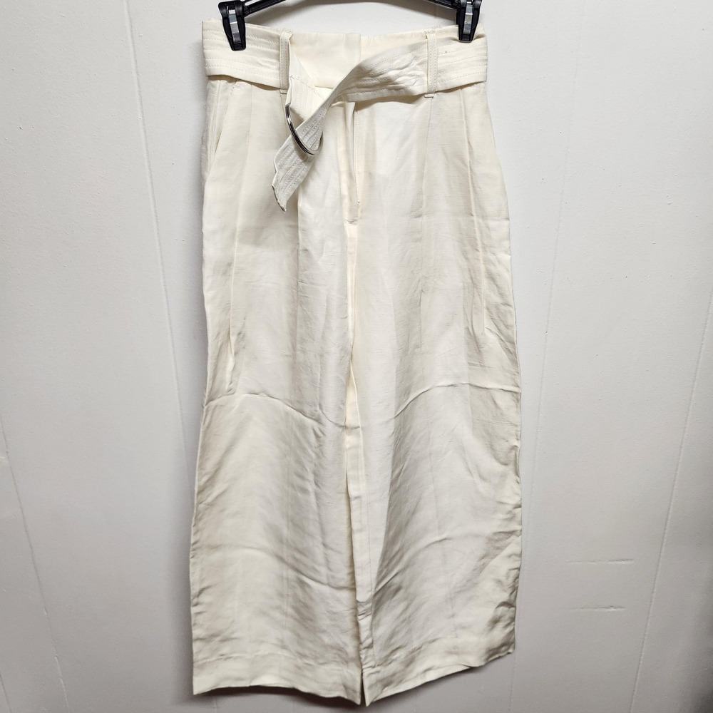 H&M Pants Womens 2 White Linen Blend Belted Pleated Wide Leg Lined Dress